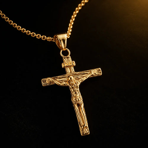 Byzantine Crucifix Pendant — detailed close-up in gold