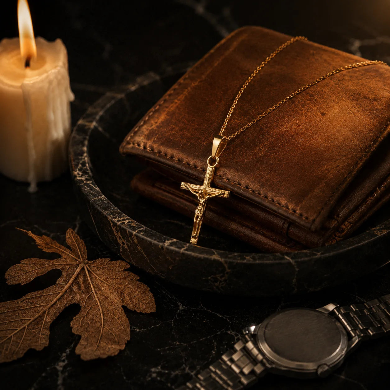 Byzantine Crucifix flat-lay with curated essentials