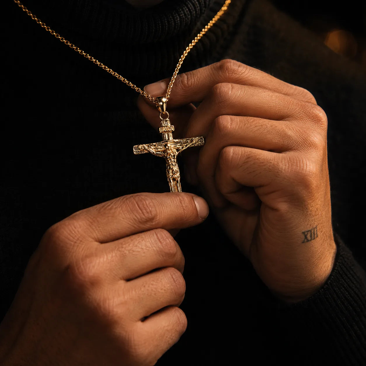 Byzantine Crucifix held in hands — intimate detail shot