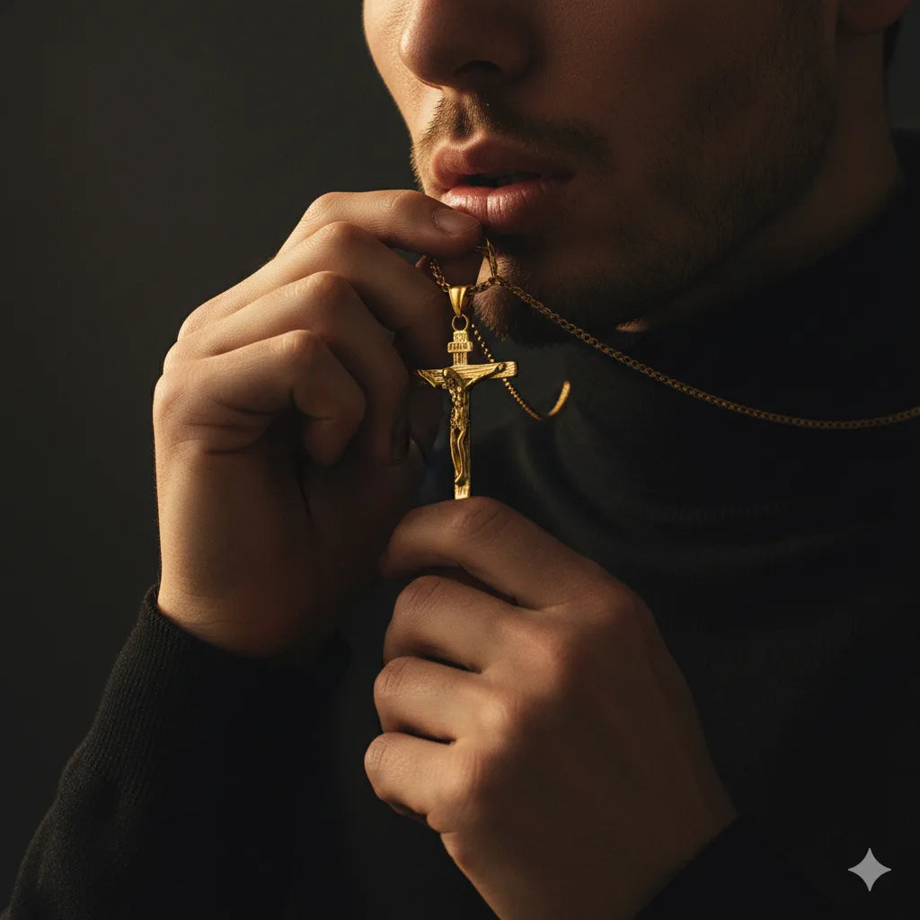 Byzantine Crucifix held close to body