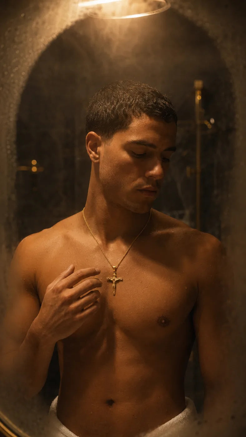 Byzantine Crucifix worn in mirror reflection