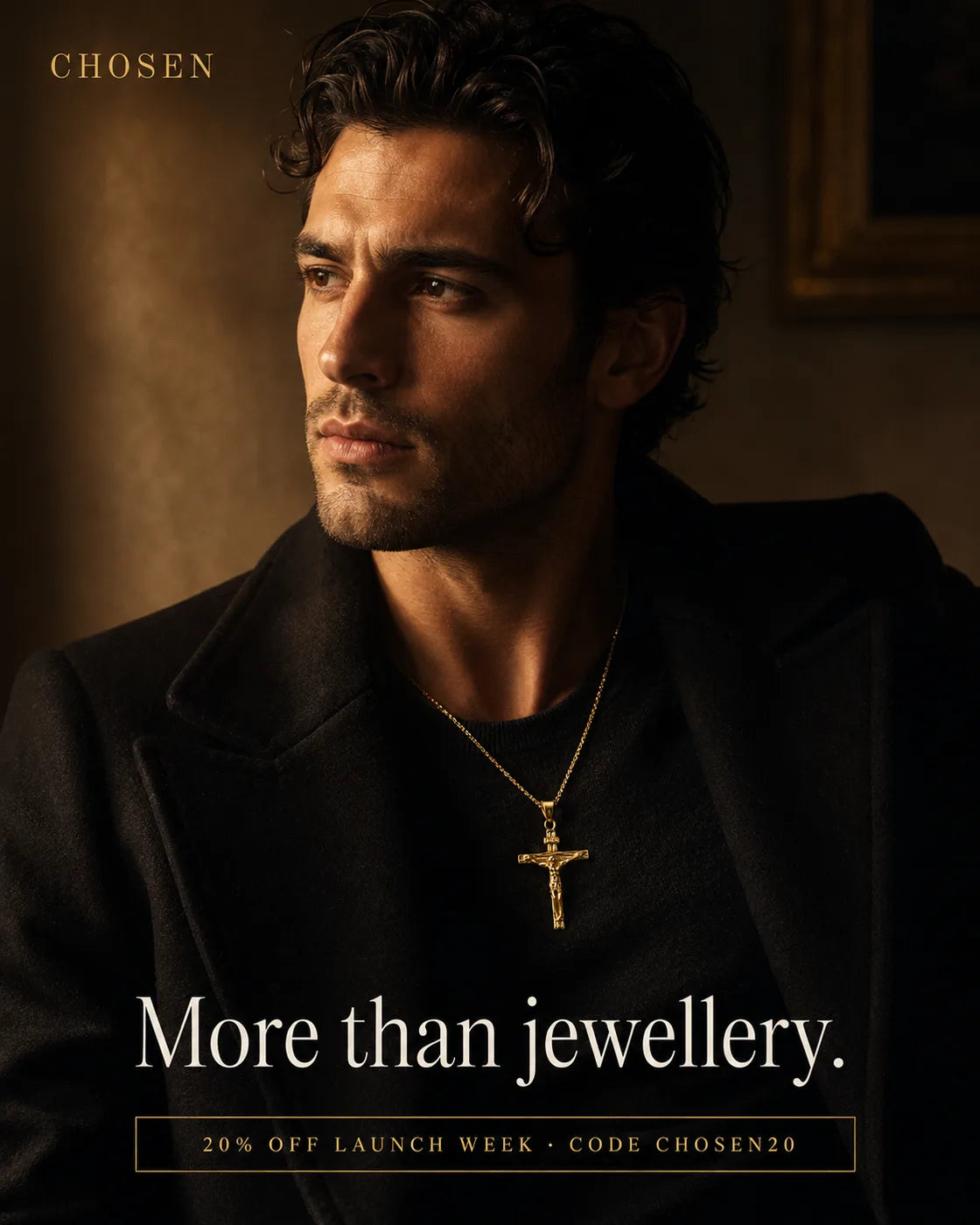 Byzantine Crucifix worn by male model — editorial portrait