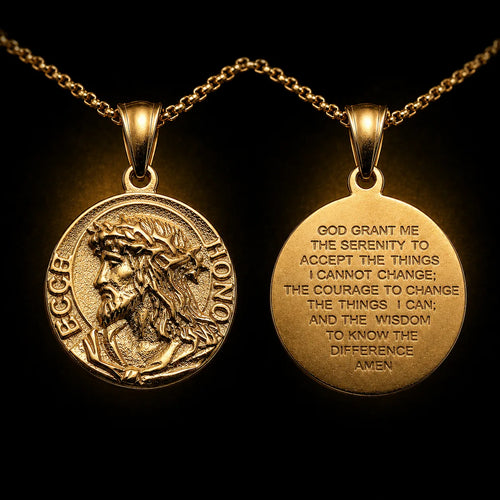 Jesus Coin Pendant — detailed close-up with Serenity Prayer