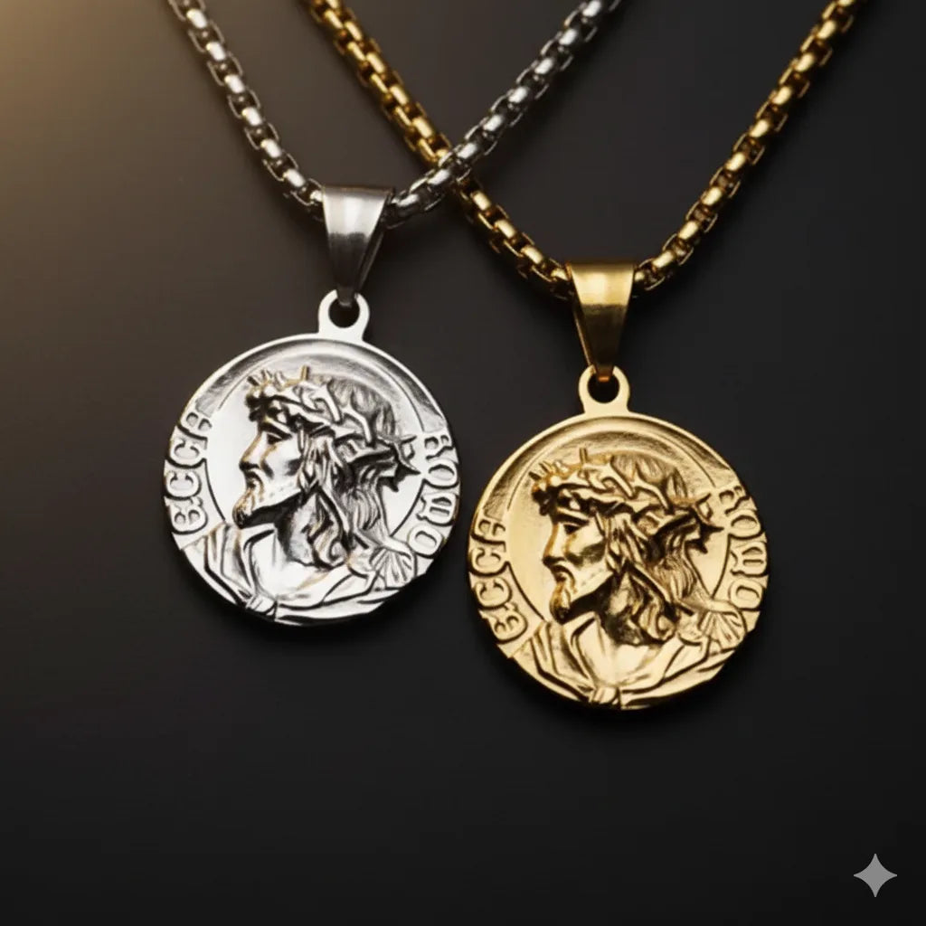 Jesus Coin Pendant — gold and silver pair, front faces