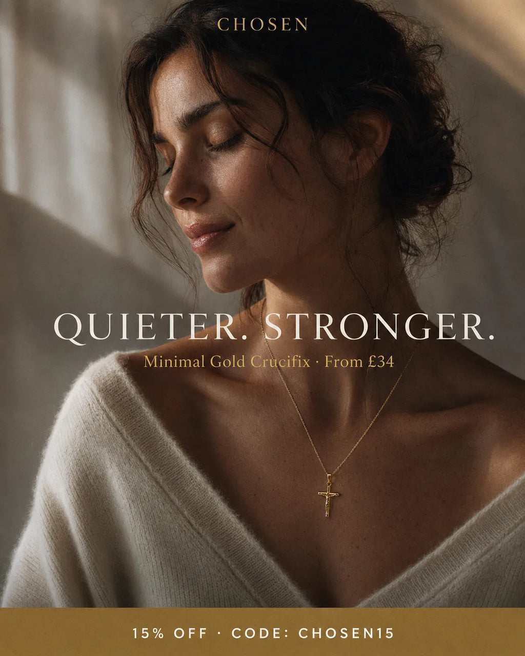 Minimal Gold Crucifix worn by female model — layered look