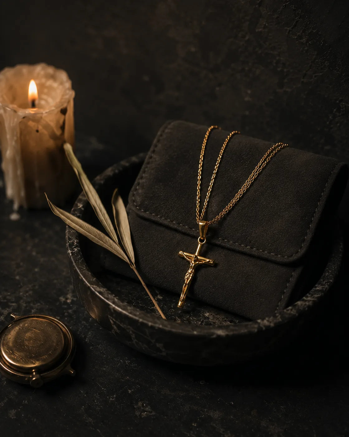 Minimal Gold Crucifix flat-lay with curated essentials