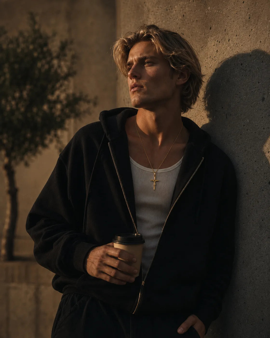 Minimal Gold Crucifix worn, street style