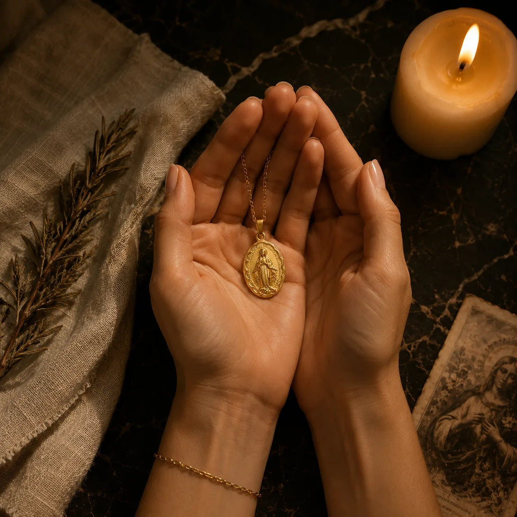 Virgin Mary Pendant flatlay