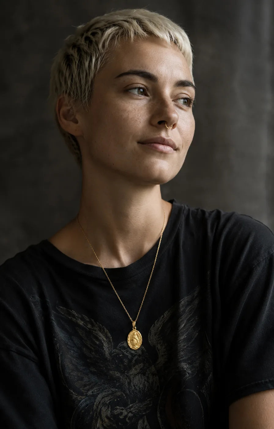 Virgin Mary Pendant worn casually — modern unisex